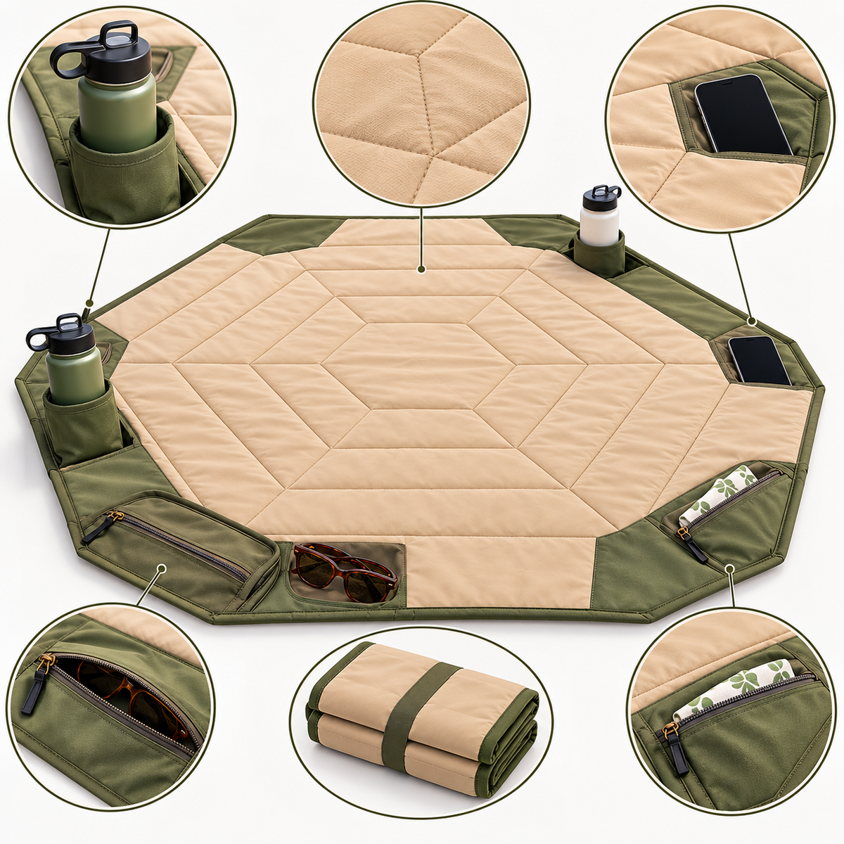 Hexagonal Foldable Outdoor Utility Mat with Built-In Storage