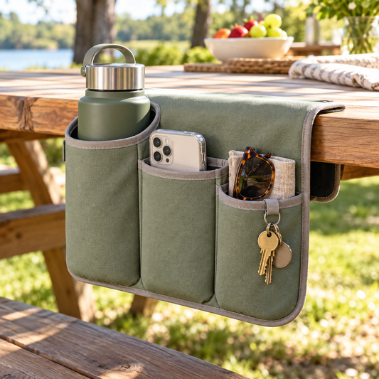 Hanging Outdoor Table Caddy for Phones, Bottles and Everyday Essentials