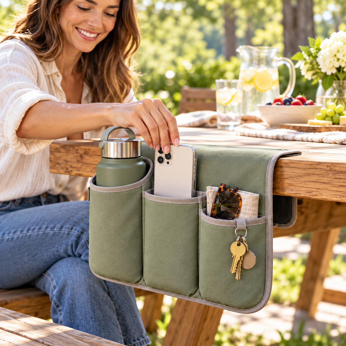 Hanging Outdoor Table Caddy for Phones, Bottles and Everyday Essentials