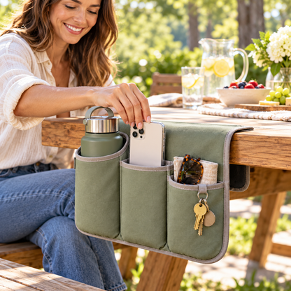 Hanging Outdoor Table Caddy for Phones, Bottles and Everyday Essentials