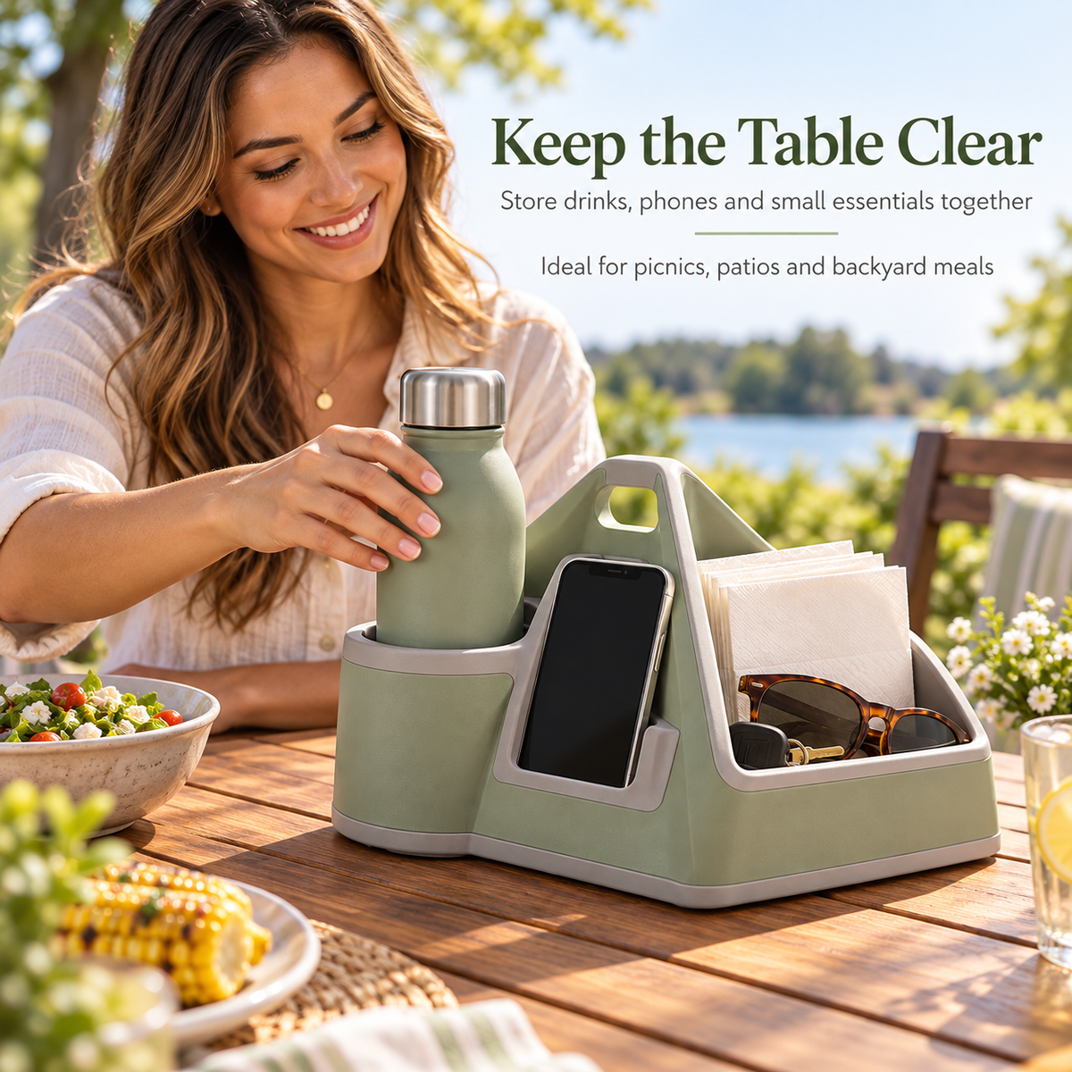 Three-Sided Outdoor Drink, Phone and Essentials Organizer