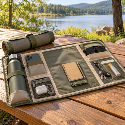 Roll-Up Personal Outdoor Organization Mat with Storage Sections