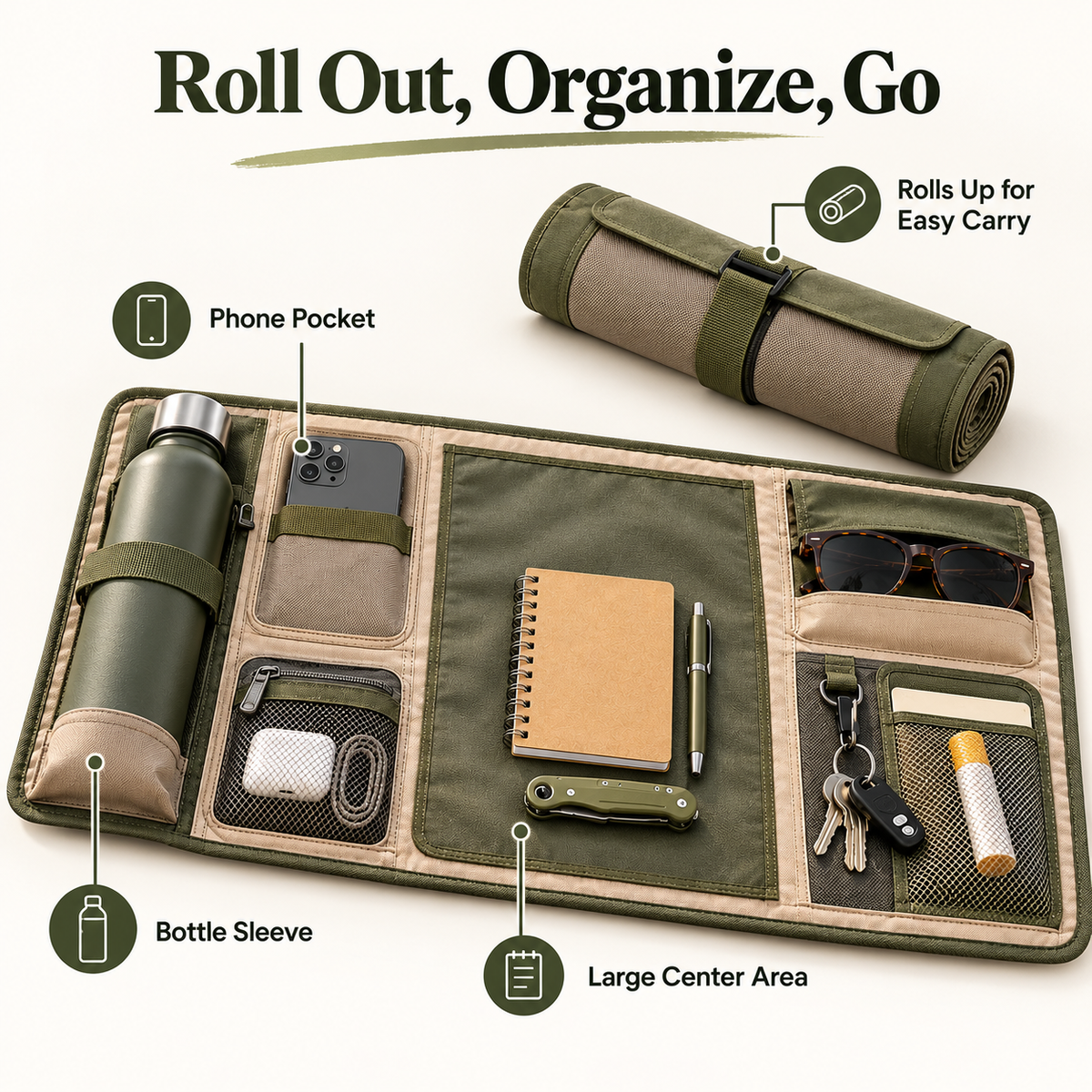Roll-Up Personal Outdoor Organization Mat with Storage Sections