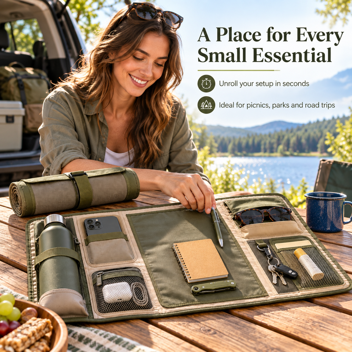 Roll-Up Personal Outdoor Organization Mat with Storage Sections